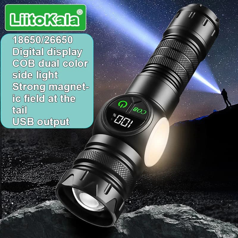 Torcia LiitoKala con display digitale e luce laterale COB, compatibile con batterie 18650/26650, lampada LED tattica portatile