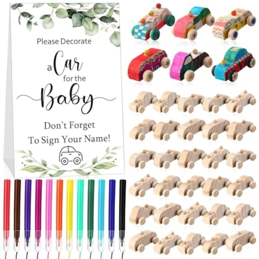 Kit per Gioco Baby Shower con 32 Blocchi di Legno Non Finiti, 12 Pennarelli e un Segnapremi Decorativo per Baby Shower