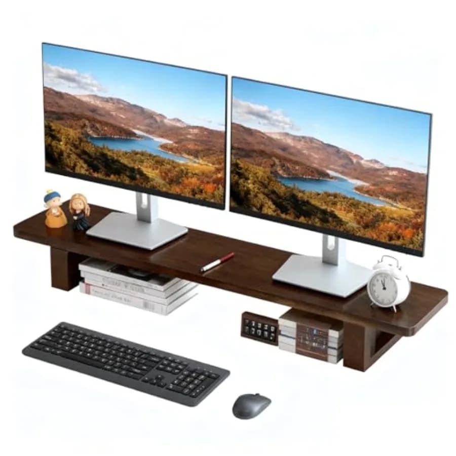 Supporto per Doppio Monitor 47 Pollici in Legno Massello, Organizzatore da Scrivania con Cuscinetti Antiscivolo per 2 Monitor, Laptop, TV, PC, Stampante, Finitura Noce