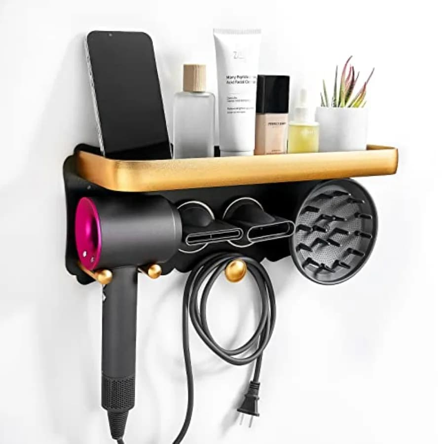 Supporto da Parete per Asciugacapelli con Mensola Portaoggetti, Organizzatore per Accessori Asciugacapelli Dyson, Porta Utensili da Bagno