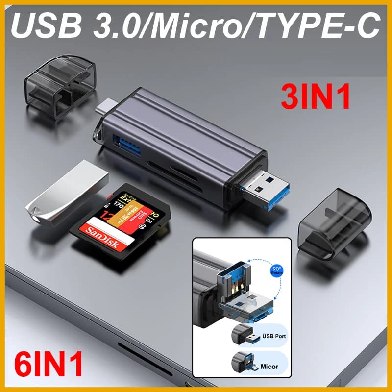 Multifunction 6 In 1 USB 3.0/Micro/TYPE-C HUB OTG Card Reader U Disk Tf/Sd Flash Drive Memory Card for Adapter Phone Laptop