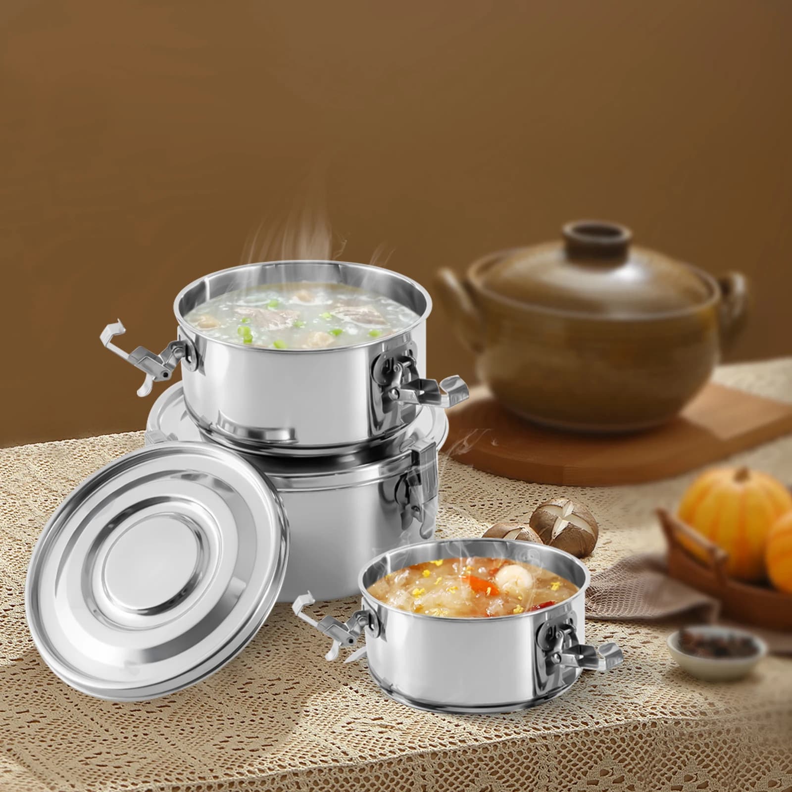 Contenitori per Alimenti in Acciaio Inox (650ml, 1000ml, 1600ml) con Coperchio, Set di 3 Contenitori Riutilizzabili in Metallo per Preparazione Pasti