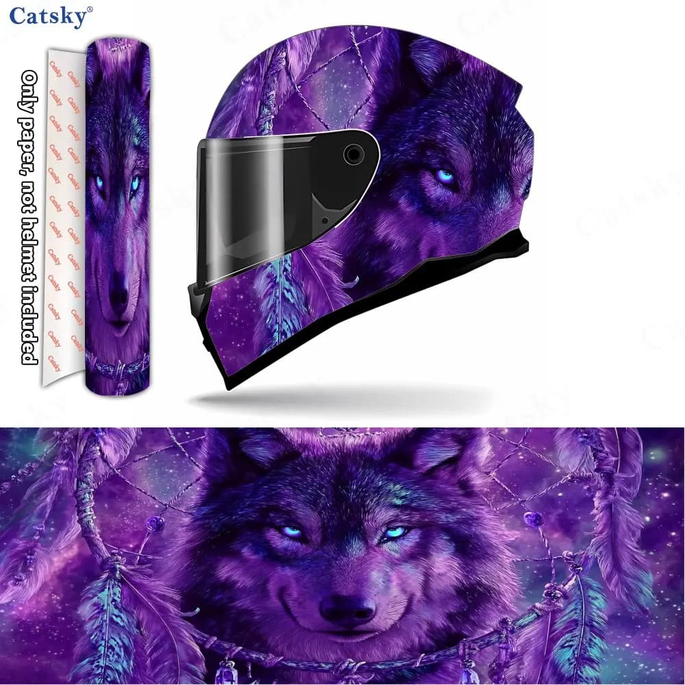 Purple Dreamcatcher Wolf Helmet Vinyl Wraps, Waterproof Scratch-Resistant Full Face Helmet Decals, Durable PVC Decoration Protec