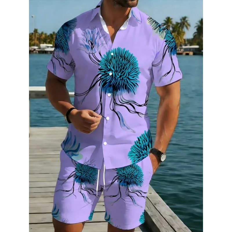 Men's Hawaiian Shirt Shorts Set Purple Base Blue Floral Print Lightweight Polyester Breathable Durable Beach Vacation Casual