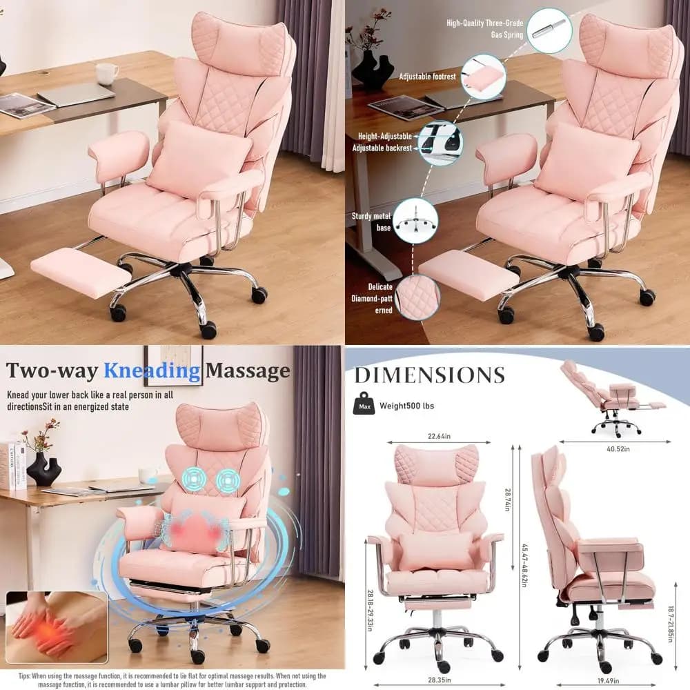500 lbs Capacity Ergonomic Reclining Massage Chair with Footrest, Plush Cushion, Big & Tall, Pink Leather Executive Office Chair