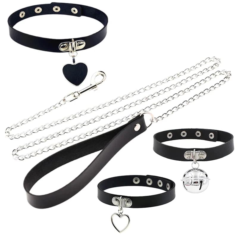 Sexy leather collar with heart and leash for cosplay, set of accessories for women, role-play games for couples.