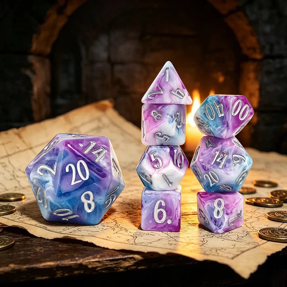 8PCS Resin Dice Set Nebula Swirl Polyhedral Dice Silver Number DND RPG Dice For Dungeons & Dragons MTG Tabletop Board Game Dice