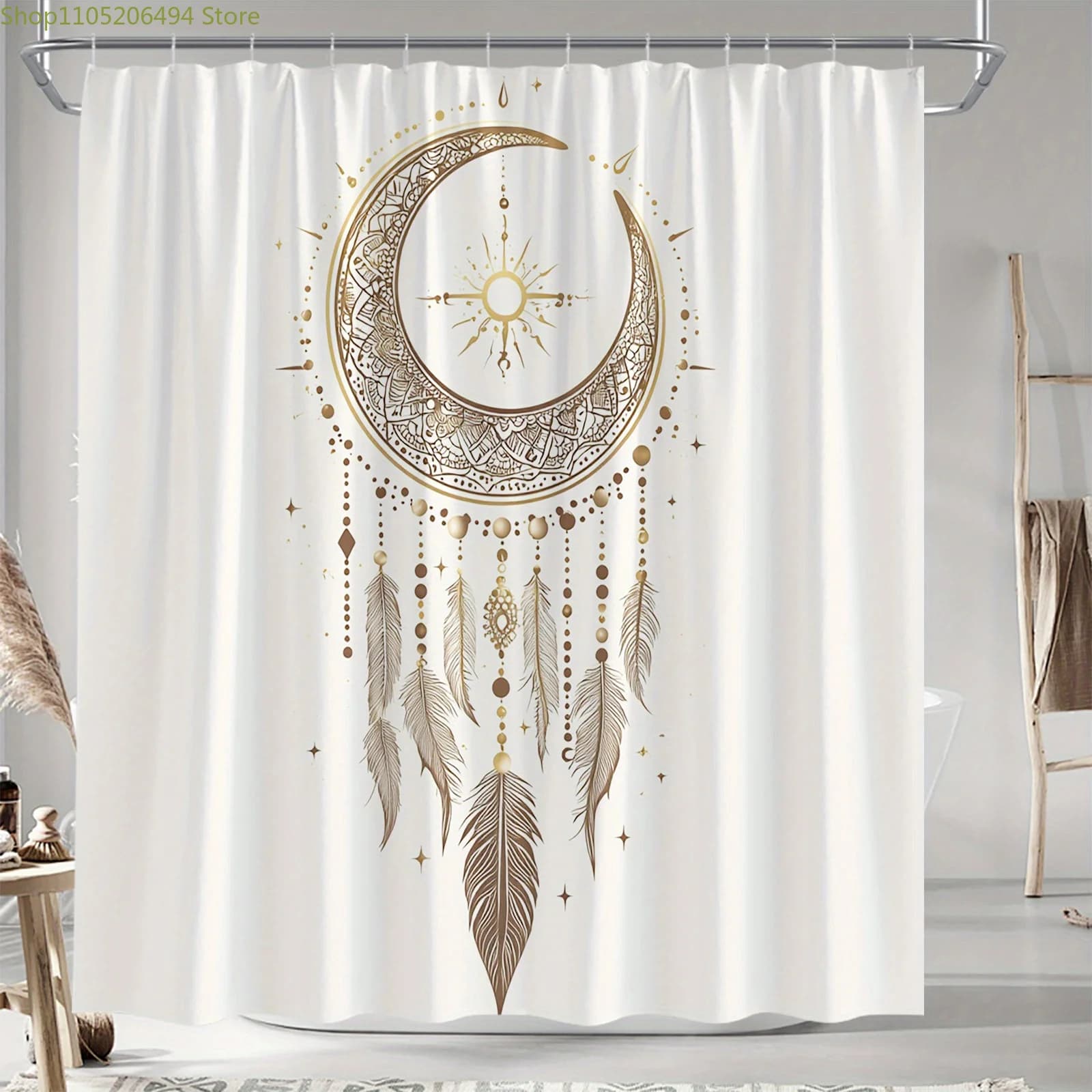 Golden Moon Dreamcatcher Shower Curtain, Boho Chic Feather Design, Waterproof Bath Liner for Home Decor, Cozy Bathroom Idea