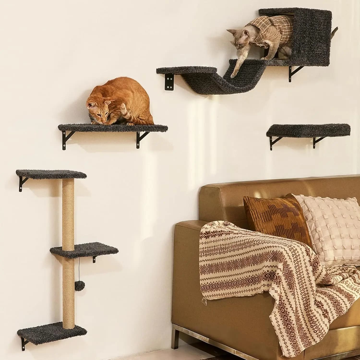 Mensole da Parete per Gatti, Set di Mobili per Gatti 4 in 1 Stabile e Sicuro, Parete Rampicante in Legno con Tiragraffi per Cartongesso da 16 Pollici - Grigio