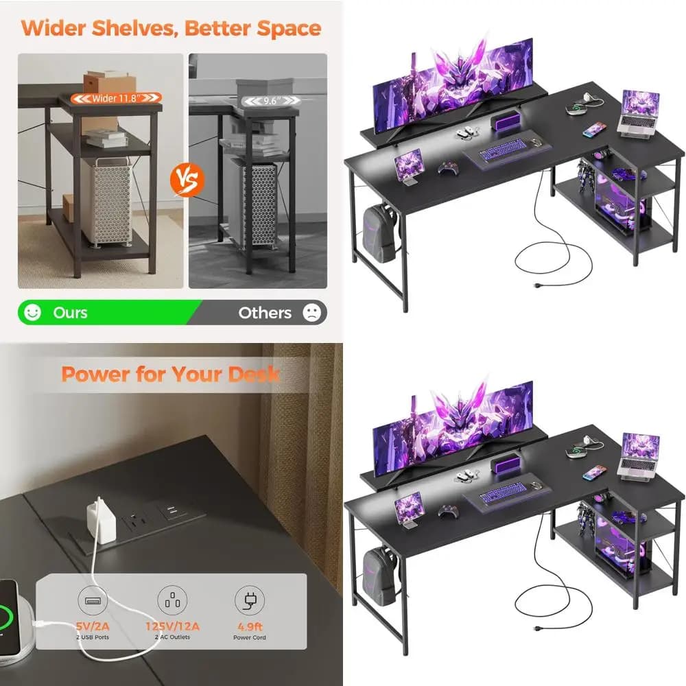 L-Compact Gaming Desk with Storage and Monitor Support, Ideal for Studio and Writing