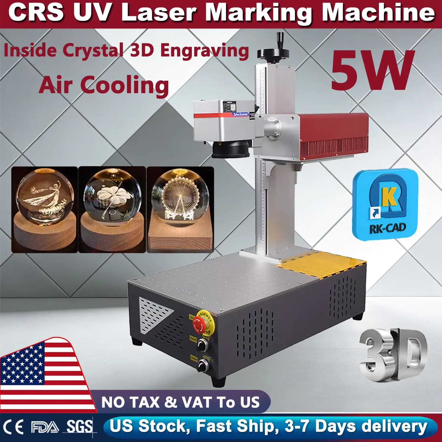 CRS 5W UV Fiber Laser Engraver Portable with Air Cooling for Glass, Crystal, Metal, Plastic, PVC, Wood, Acrylic