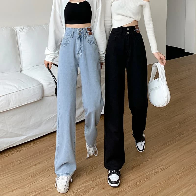 Jeans a vita alta a gamba dritta larga da donna, nuovo stile primavera autunno, taglie forti, pantaloni lunghi fino al pavimento, effetto snellente