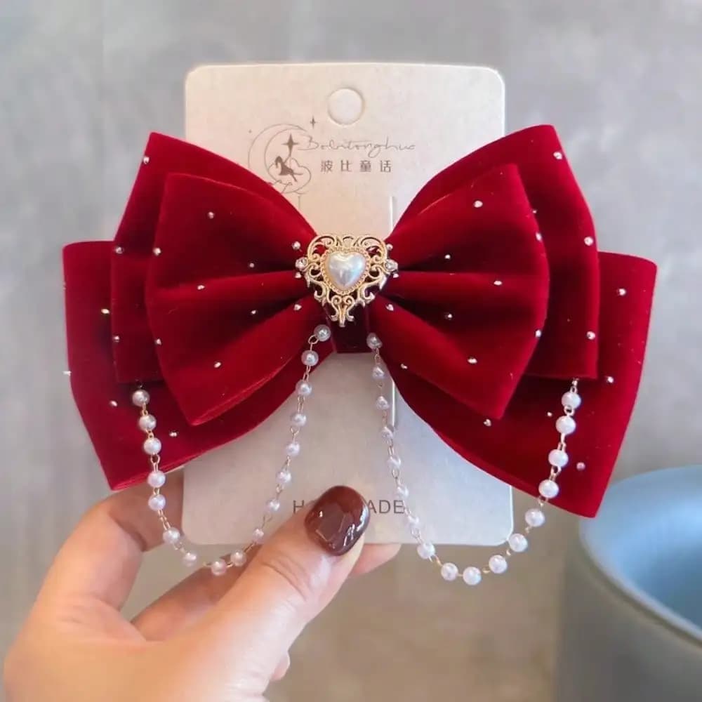 Red Pearl Bow Three-Dimensional Top Clip New Year's Headgear Hairpin Hair Accessories