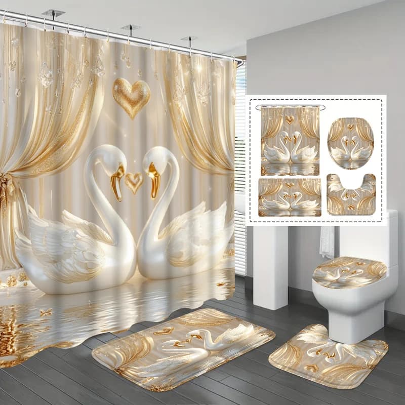 Set Tenda Doccia 3D Cigno Dorato da 1 o 4 Pezzi - Decorazione Creativa per Bagno con Tappeti - Tenda in Tessuto Lavabile e Copriwater