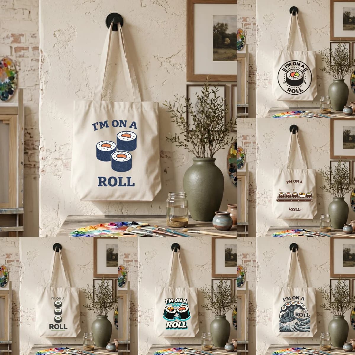 1 confezione di borsa tote in tela morbida da 35×38,5 cm, graziosa borsa a tracolla con stampa artistica di sushi, borsa quotidiana leggera e riutilizzabile