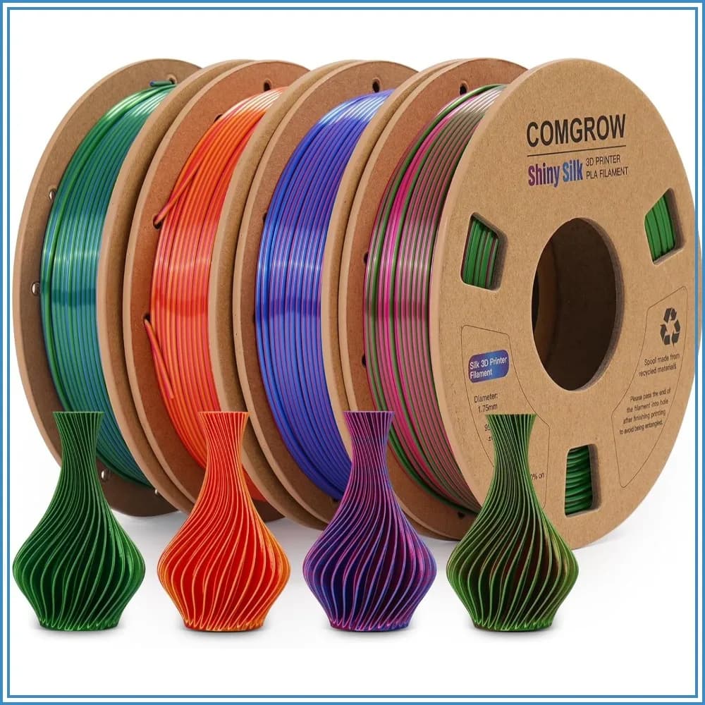 Silk Shiny Rainbow Multi-Color PLA Filament 1.75mm, 250g x 4 Spools, +/-0.02mm, Dual-Color Coextruded for 3D Printers