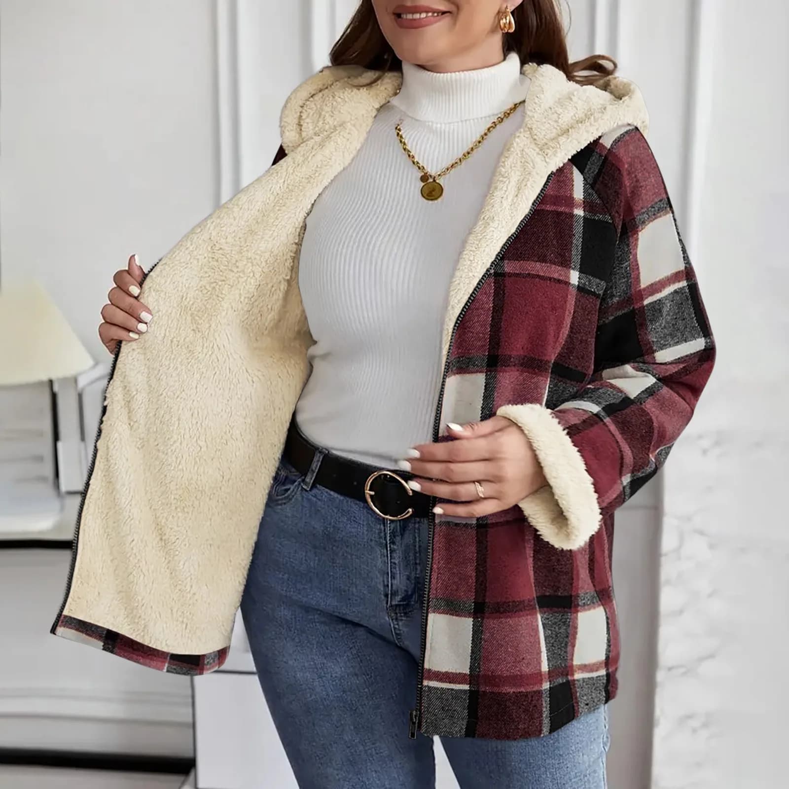 Giacca da donna stile scozzese grande con plaid con cappuccio Autunno e inverno Cappotto scozzese bianco nero allentato casual con bottoni Top autunnale