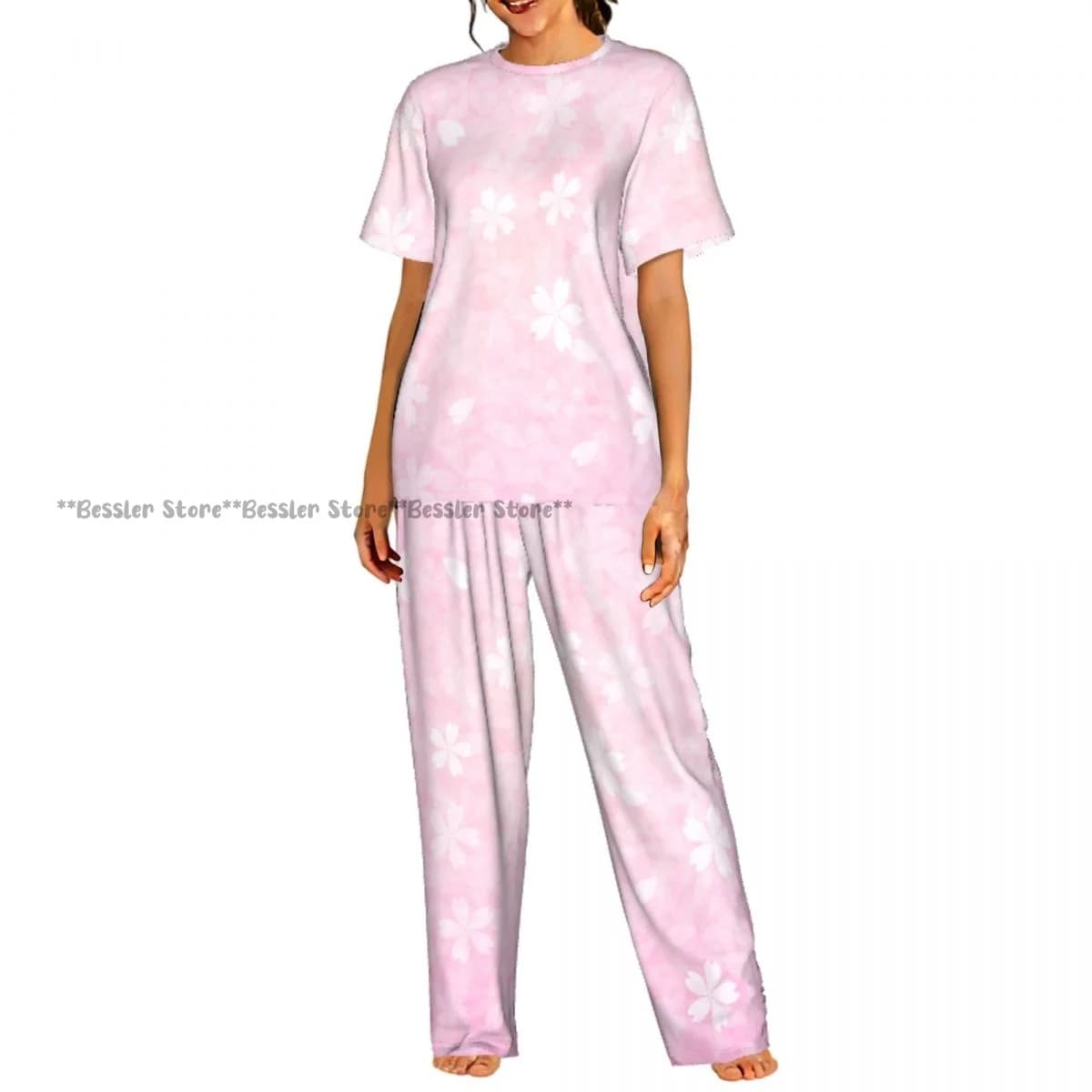 Women's casual pajamas with short sleeves in Japanese cherry style pink