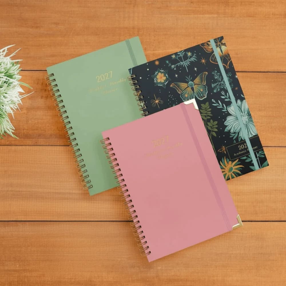 Paper Made 2027 Weekly Planner Solid Color Lightweight Floral Spiral Notebook Twin Wire Binding Floral Pattern