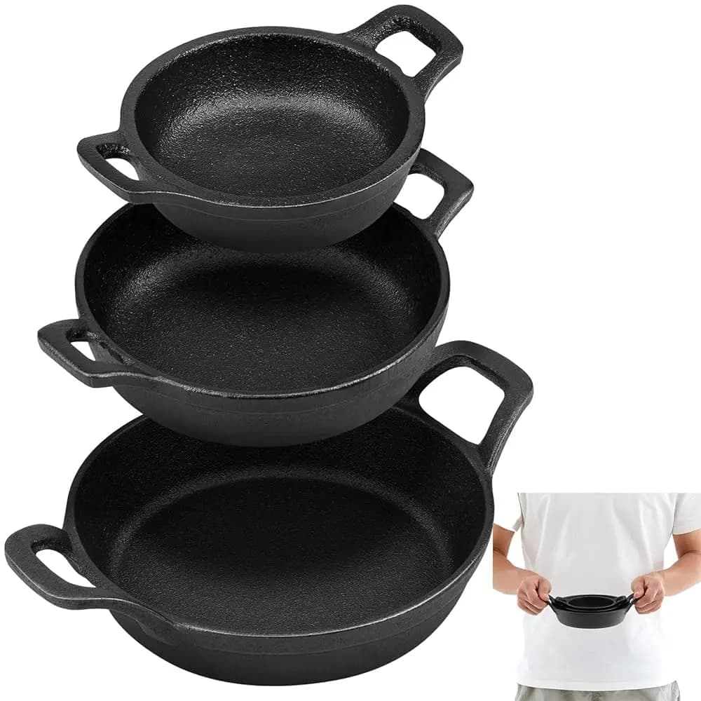 Set di 3 mini padelle in ghisa con manici, pre-stagionate, piccole padelle in ghisa, 4, 5, 6,3 pollici, padelle nere per friggere