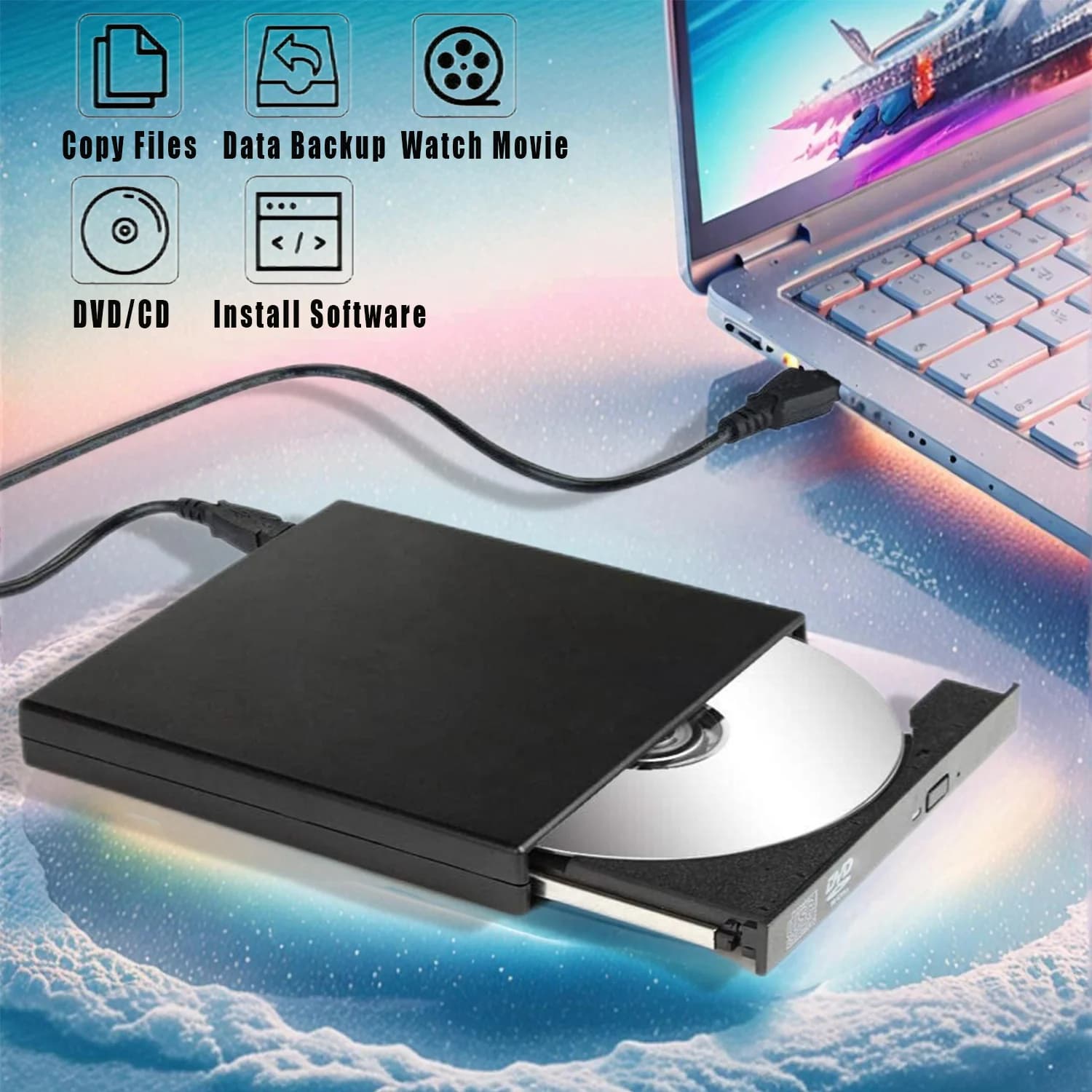 Unità CD DVD Esterna, Lettore/Scrittore DVD-RW Portatile Sottile per Laptop, Notebook, PC e Computer Desktop