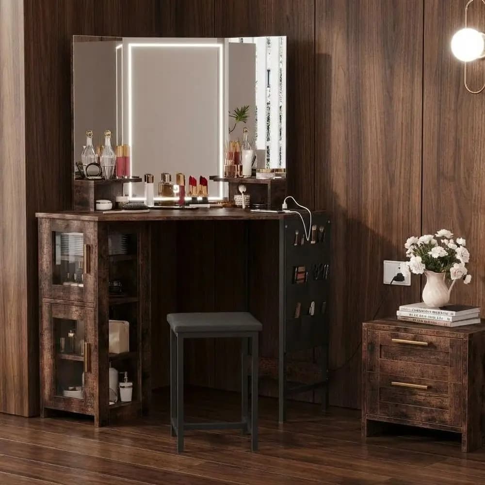 Lighted Makeup Vanity Desk with LED Mirror, 3 Lighting Modes, Power Outlet, Storage, Stool - Bedroom or Studio Dressing Table, T