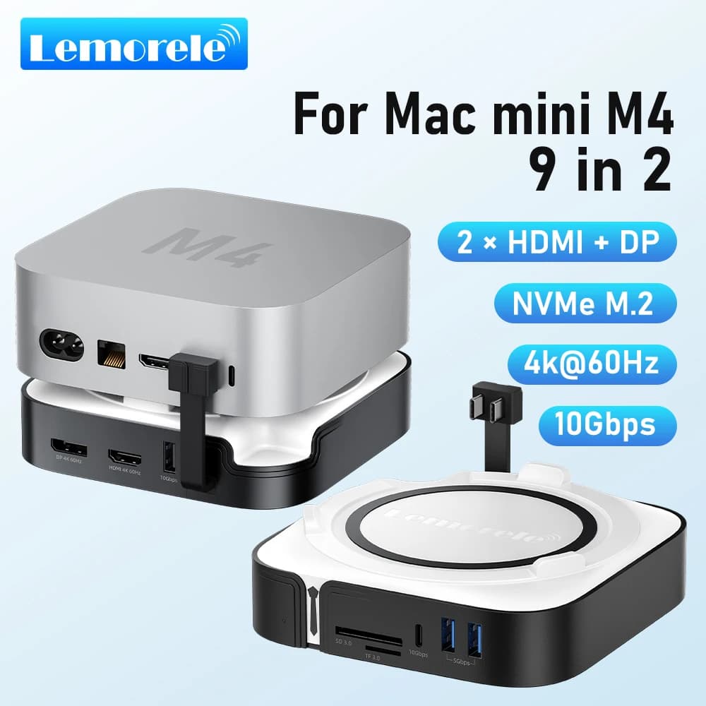 Lemorele 9 IN 2 Docking Station USB HUB per Mac Mini M4 HDMI DP 4K 60Hz M.2 NVMe SSD Max 10Gbps Porte USB-A&C SD&TF USB Dock