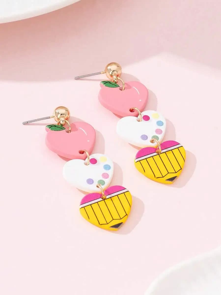 Peach And Pencil Heart Drop Earrings For Women Fashion Jewelry Acrylic Resin