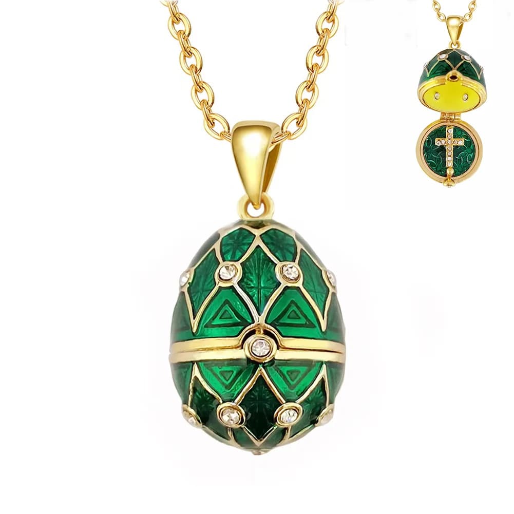 Enamel Faberge Easter Egg Pendant Necklace Jewelry Locket Brass Vintage Family Pet Ashes Collection Cross inside