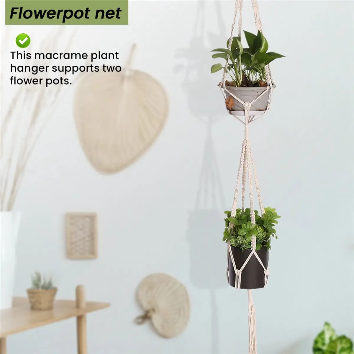 ABNQ Macrame Double Plant Hanger Indoor Outdoor 2 Tier Hanging Planter Cotton Rope 4 Legs 67 inch
