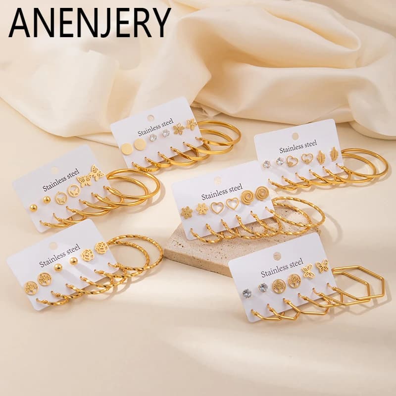 ANENJERY Orecchini circolari in acciaio inossidabile 316L con perline circolari stella fiore cuore zircone per le donne Commercio all'ingrosso di nuovi gioielli di moda semplice