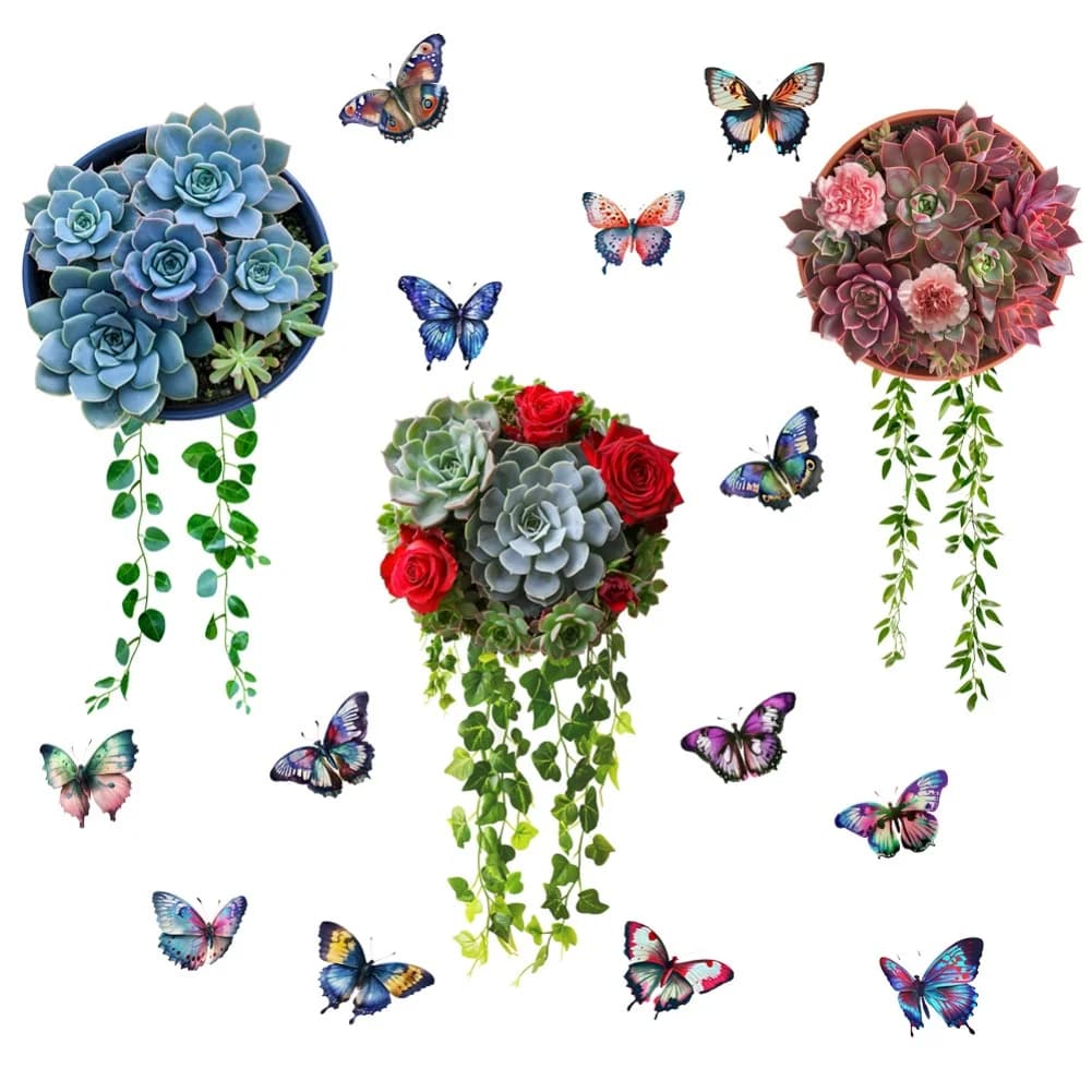 1 set 3D succulente in vaso appeso cestino decorazione della parete pianta verde adesivo da parete adesivi murali rimovibili per decorazioni domestiche per interni