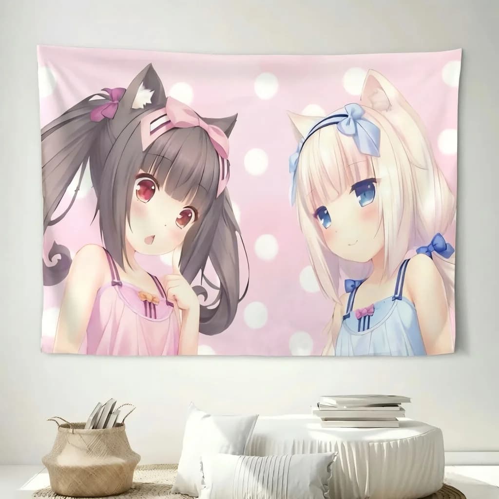 1pc Nekopara Chocola & Vanilla Anime Tapestry, Cute Cat Girls Wall Hanging, Pastel Pink Blue Aesthetic Decor for Bedroom Dorm