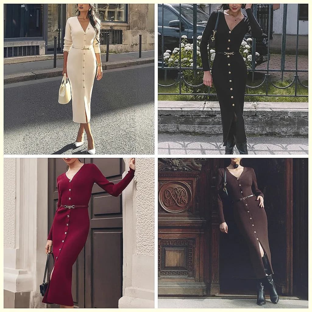 Elegant 2026 Women's Evening Dress with V Neckline, Long Sleeves, Knitted, Maxi Length, with Belt and Split