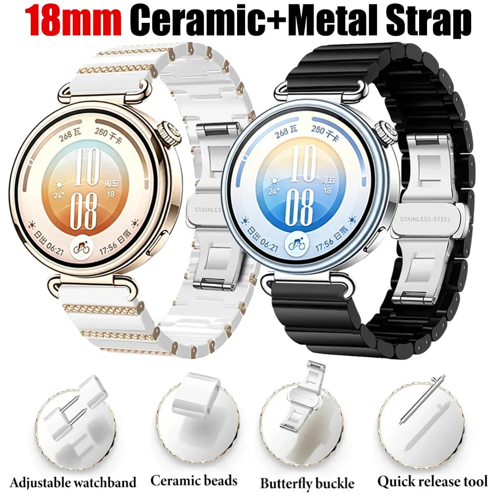 18mm Ceramic+Metal Strap For Huawei Watch GT7-6-5 41mm GT5 Pro 42mm Woman Bracelet For OPPO Watch X3/X2 mini Garmin Venu 4 41mm