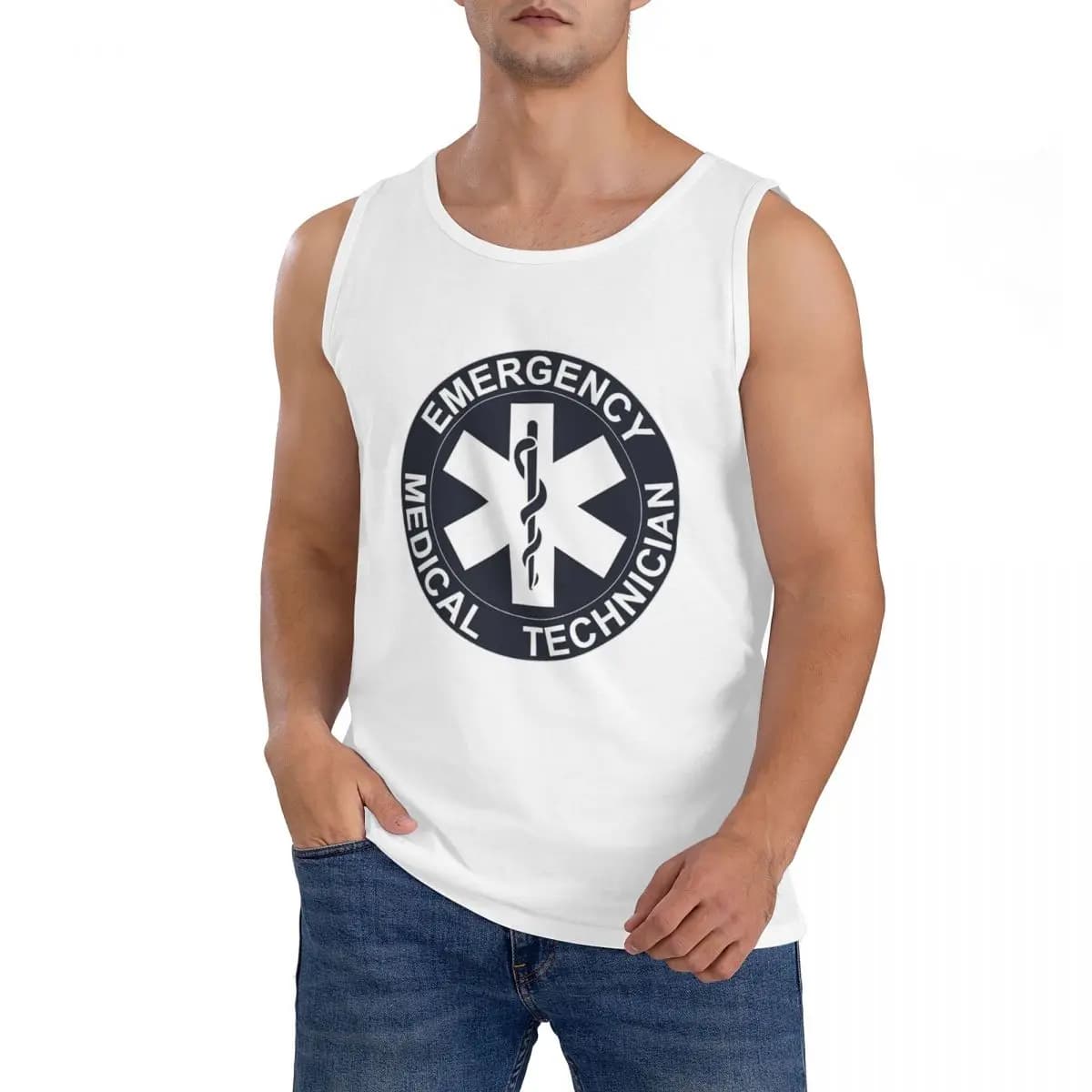 T-shirt senza maniche per uomo, 100% cotone, Emt Star Of Life, per emergenze mediche, abbigliamento sportivo da allenamento, gilet girocollo da uomo