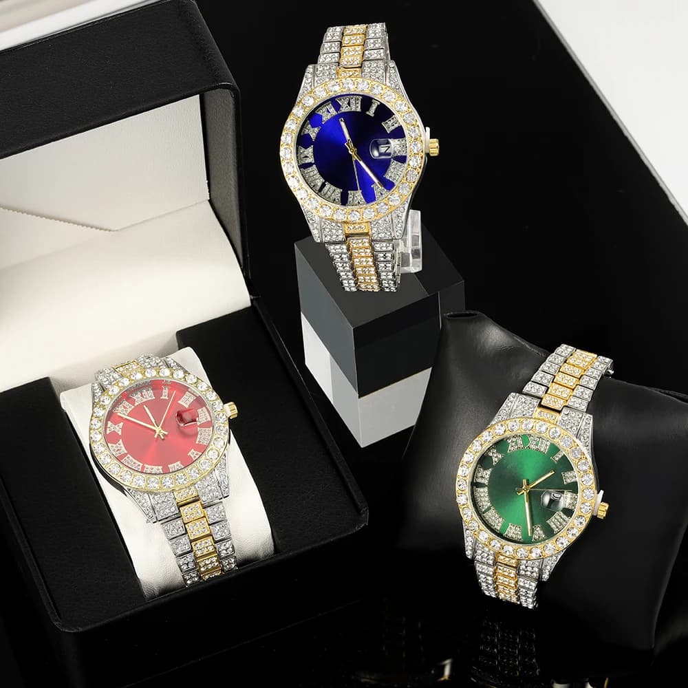 1pc Man Women's Quartz Watch Hip-hop Punk Inlay Diamonds Gold and Silver Dial Size Regulator Stylish Pack of Party Jewelry Gift