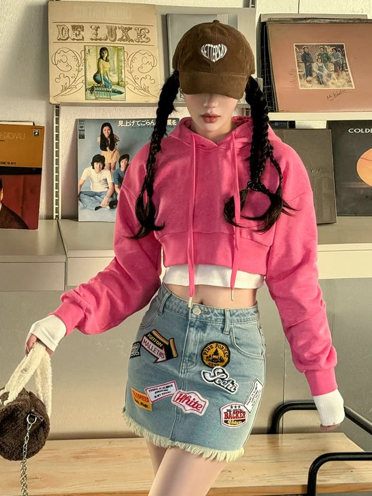 Felpa con Cappuccio Oversize da Donna Stile Streetwear con Stampa Lettere, Colori a Contrasto, Effetto Crop Top, Casual in Poliestere
