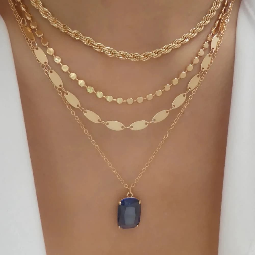 Boho Multi-layered Stainless Steel Square Necklace For Women Color Rectangular multicolor Crystal Pendant Necklaces Trendy Jewel