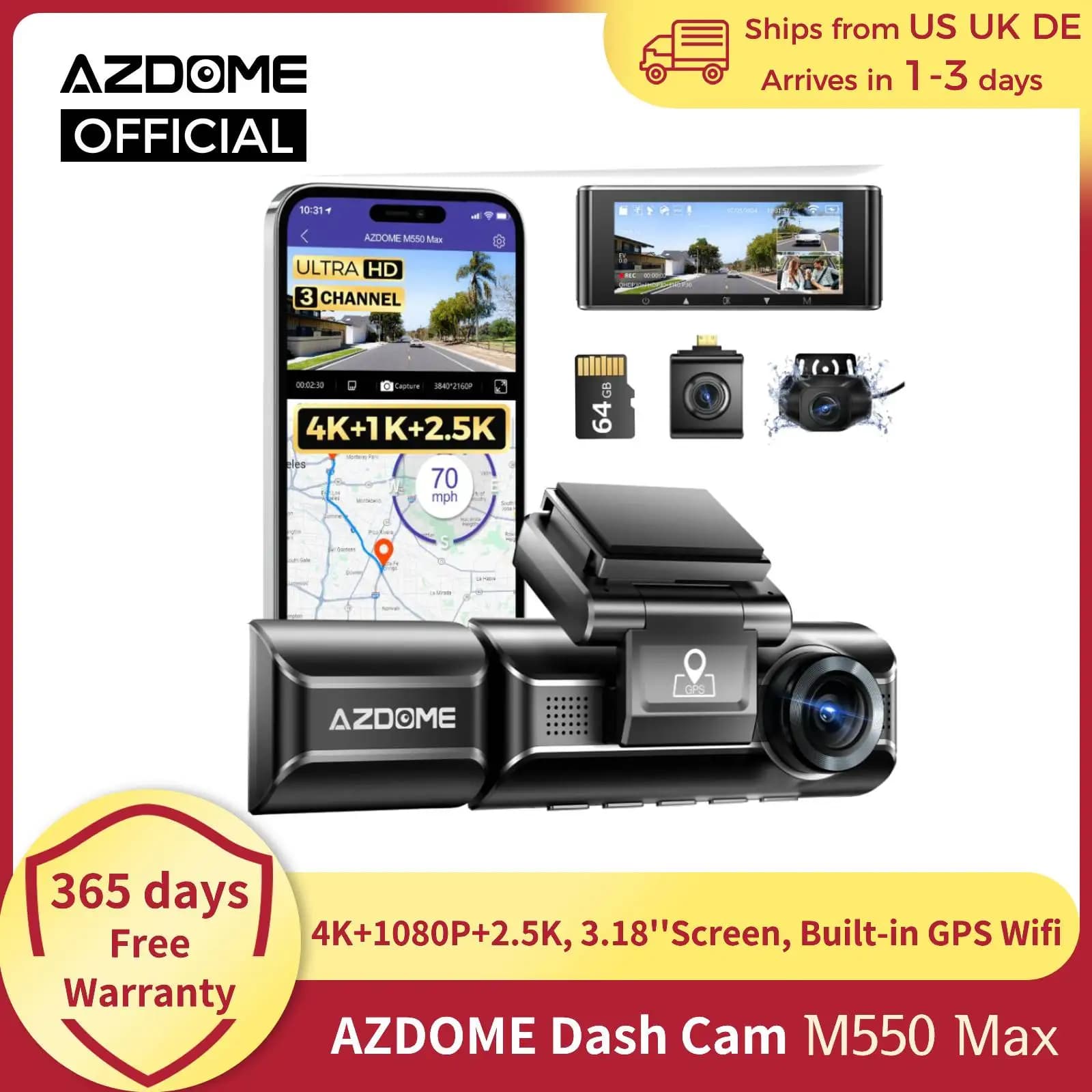 AZDOME 4K Dash Cam M550 Max GPS integrated Wifi Camera Car DVR 3.18 " night vision screen 24H support for parking monitor rear cam
