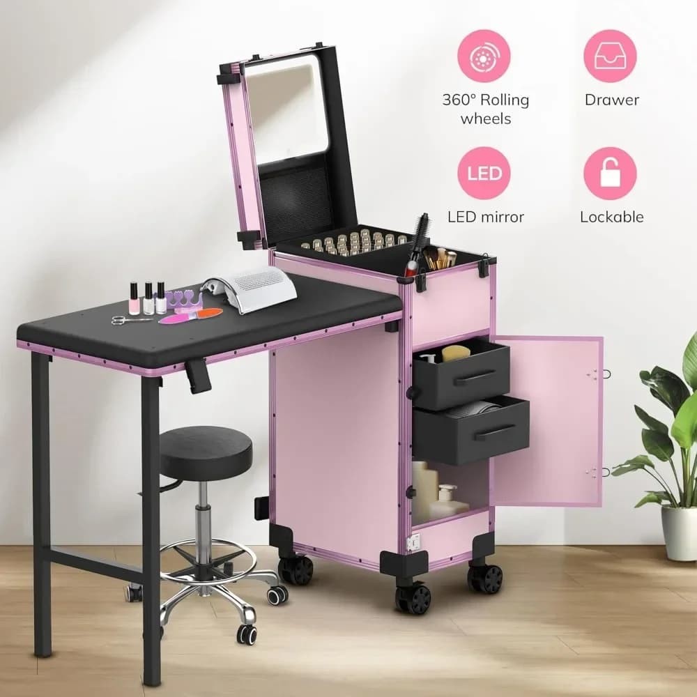 Tavolo Portatile Pieghevole per Manicure con 2 Cassetti, Specchio e Porta Smalti, Valigetta Cosmetica con Chiusura di Sicurezza