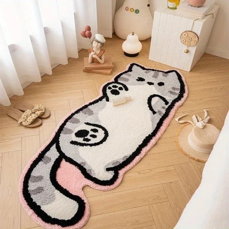 VIKAMA Tappeto da comodino per camera da letto con gatto dei cartoni animati, tappetino morbido e confortevole in peluche, tappeto decorativo per la casa, soggiorno