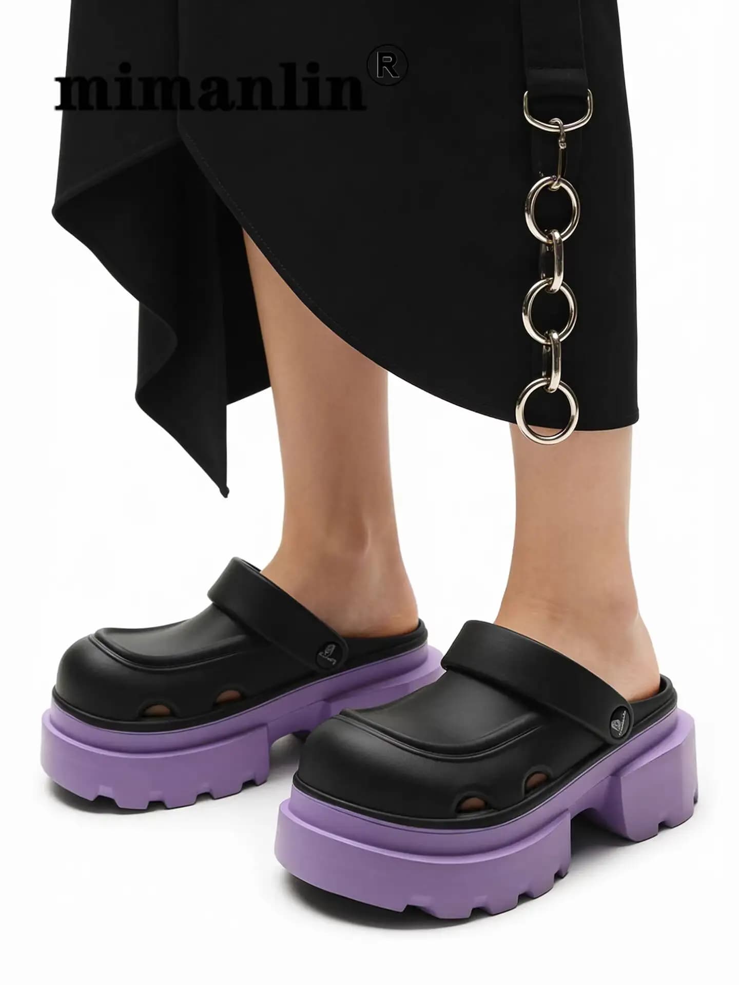 Garden ShoesThick Sole Slipper Sandals Women's Black Purple Color Block Platform Mule Slippers Summer Fashion Outdoor Sandals