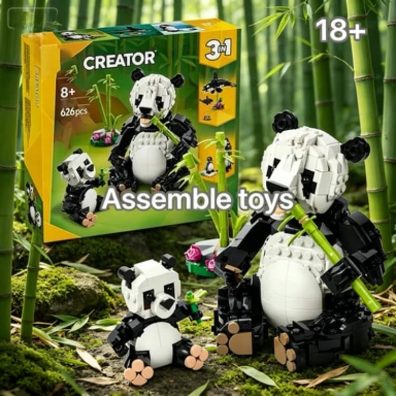 31165 Bandai 3 IN 1 Panda Family Wild Animal Building Blocks Facile da assemblare, educativo, ideale come regalo per feste, compatibile con i mattoncini