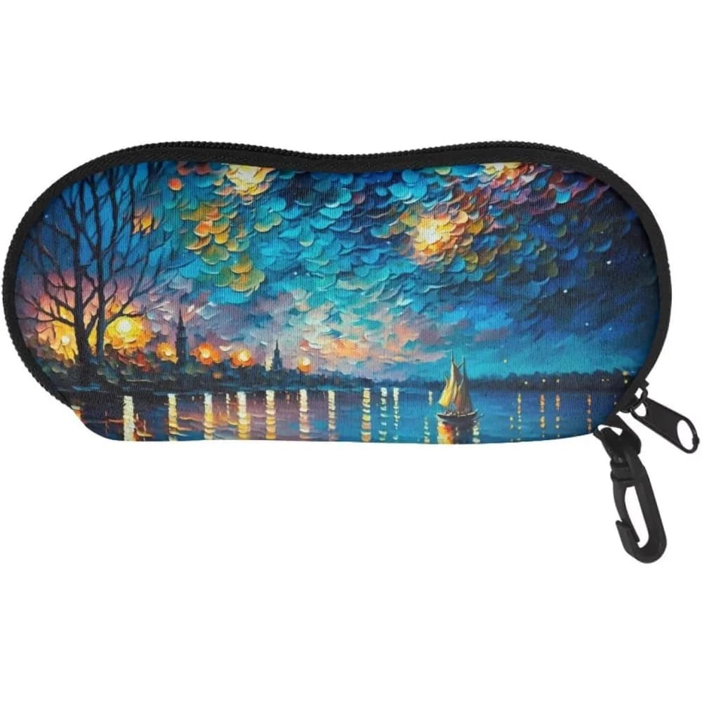 Custodia per occhiali da sole con scena notturna in stile impressionista con moschettone, stampa fiume, barca a vela e cielo stellato, protezione per occhiali portatile