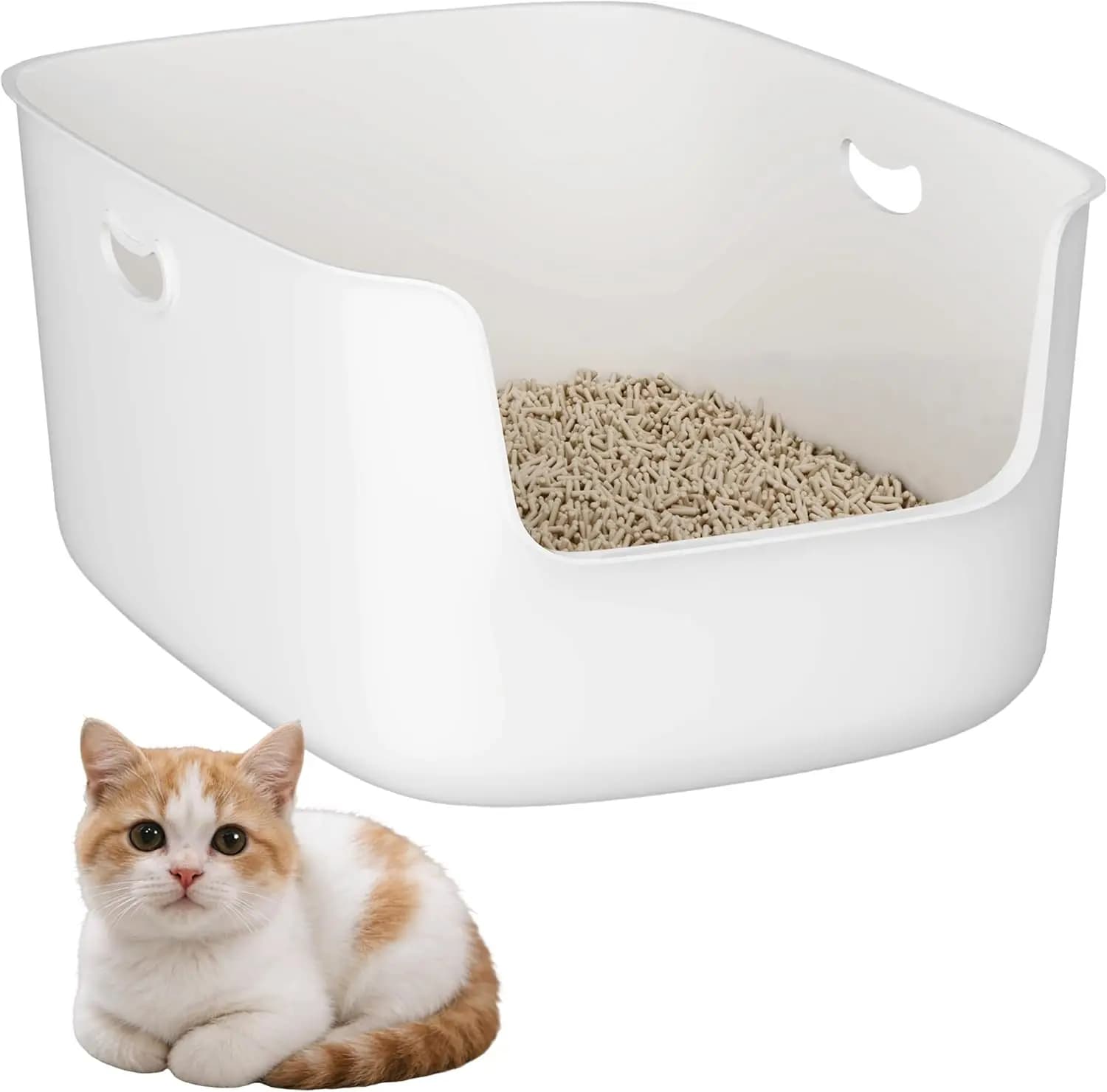 Lettiera per Gatti in Plastica Bianca con Bordo Alto e Ingresso Basso 22.8x15x8.66 Pollici con Protezione Antispruzzo - Interno Liscio Monopezzo Facile da Pulire