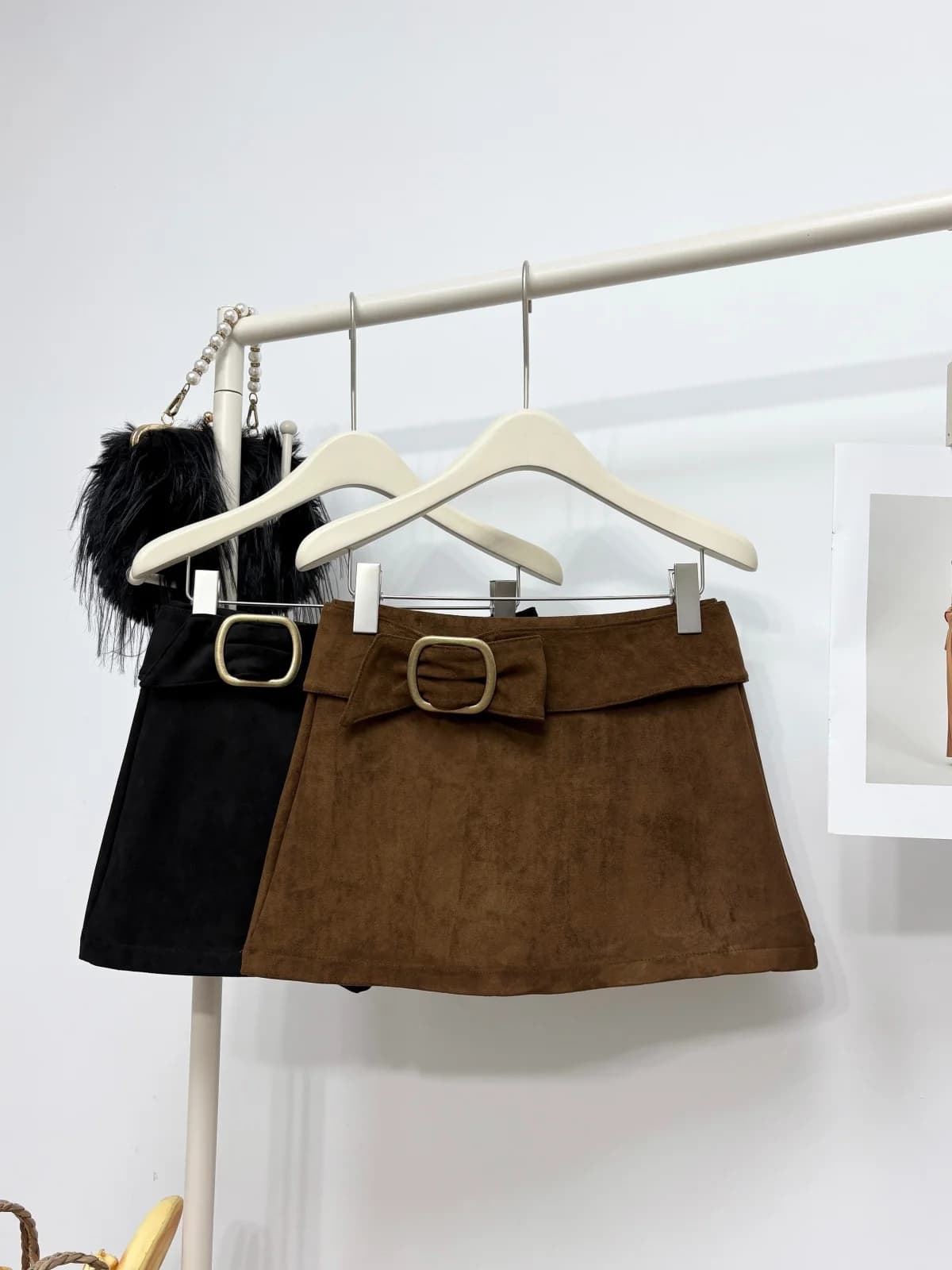 Women's Spring Autumn Mid Waist A Line Short Skirt With Belt Lady Streetwear Solid Color Faux Suede Mini Skirt