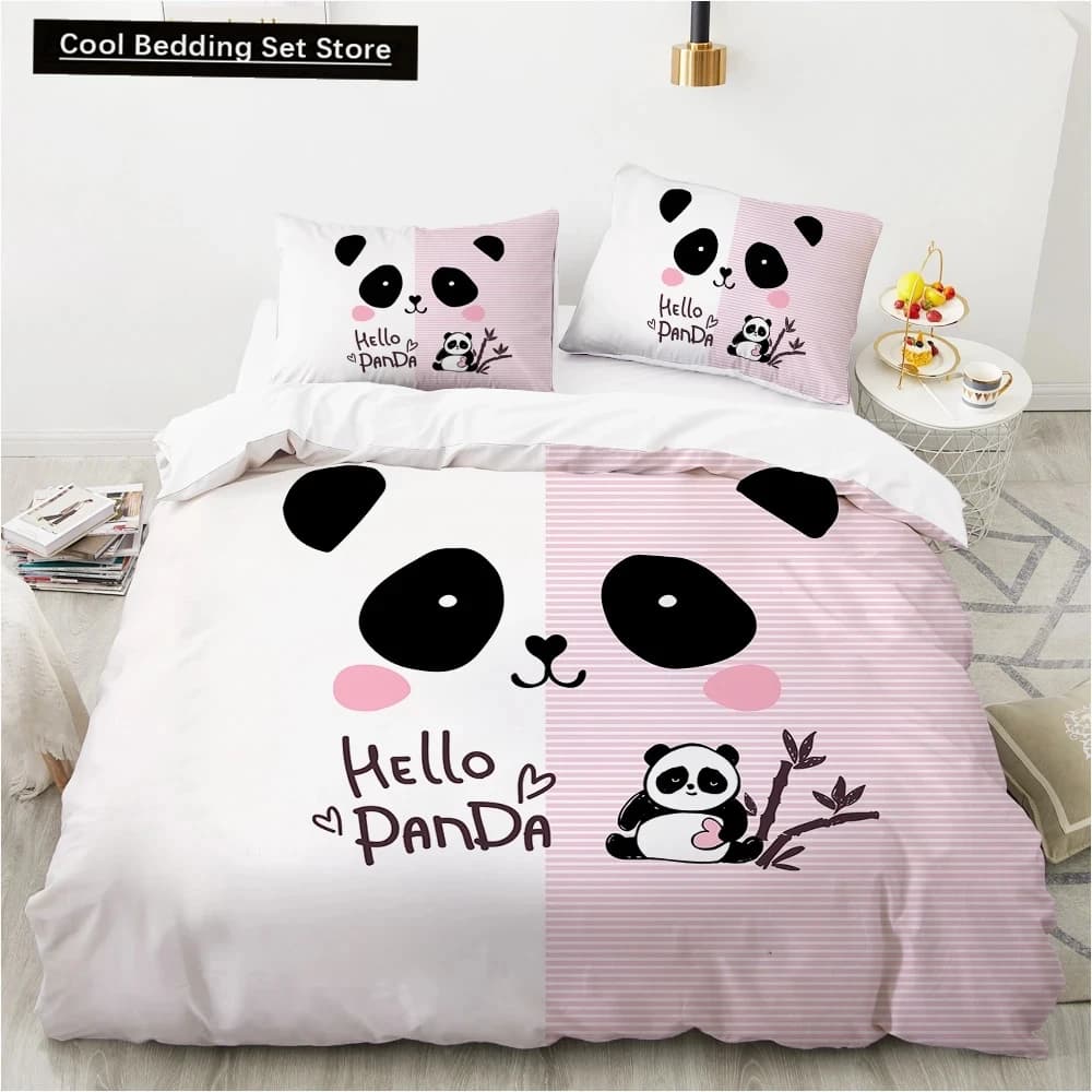 Cartoon Lovely Panda Set biancheria da letto Biancheria da letto bianca Stampa 3D Regalo per bambini Ragazze 2/3 pezzi Set copripiumino Twin Single Queen King Size