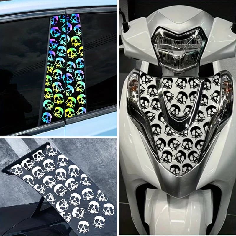 Adesivo olografico a forma di teschio, decalcomania in vinile impermeabile per moto, finestrini auto e laptop, decorazione gotica punk