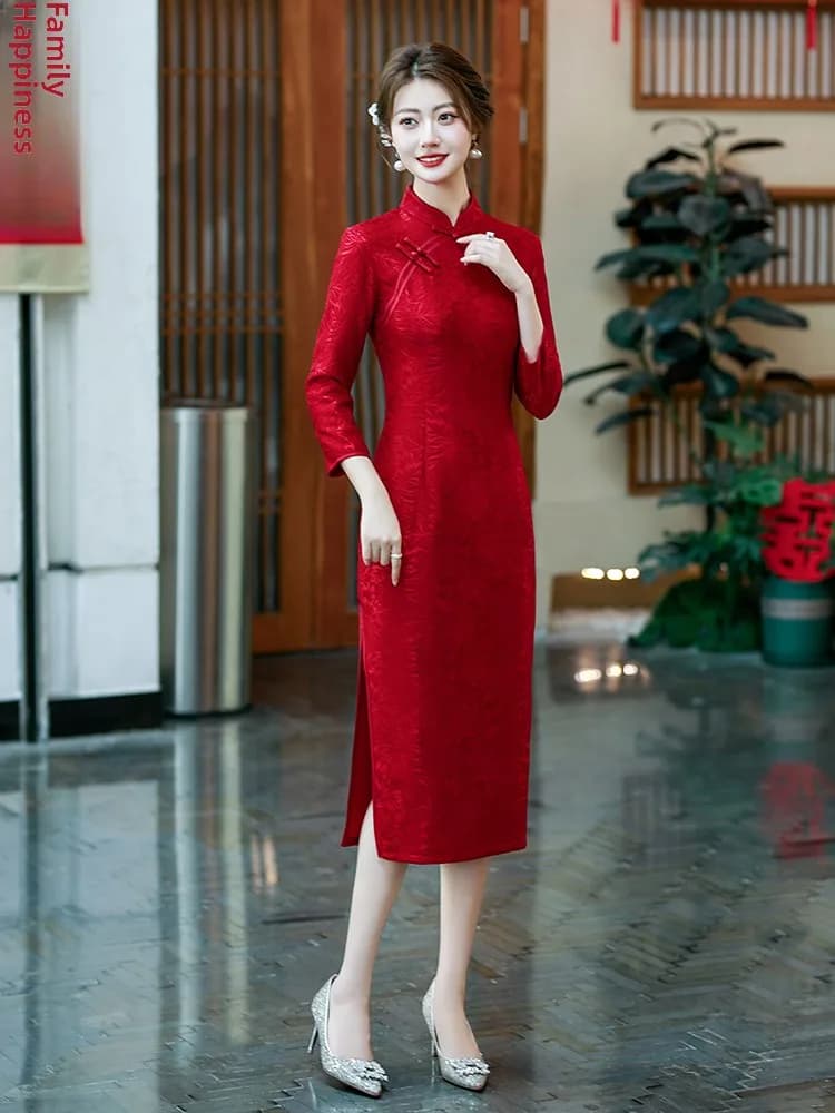 Elegant Red Wedding Dress Young Mom Luxury Retro Style Polyester Fiber Low Slit Seven Sleeve mid Length Skirt